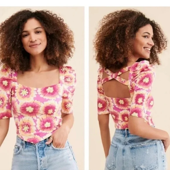 NWT Free People Floral Square-Neck Puff Sleeve Top in Pink - Picture 1 of 5